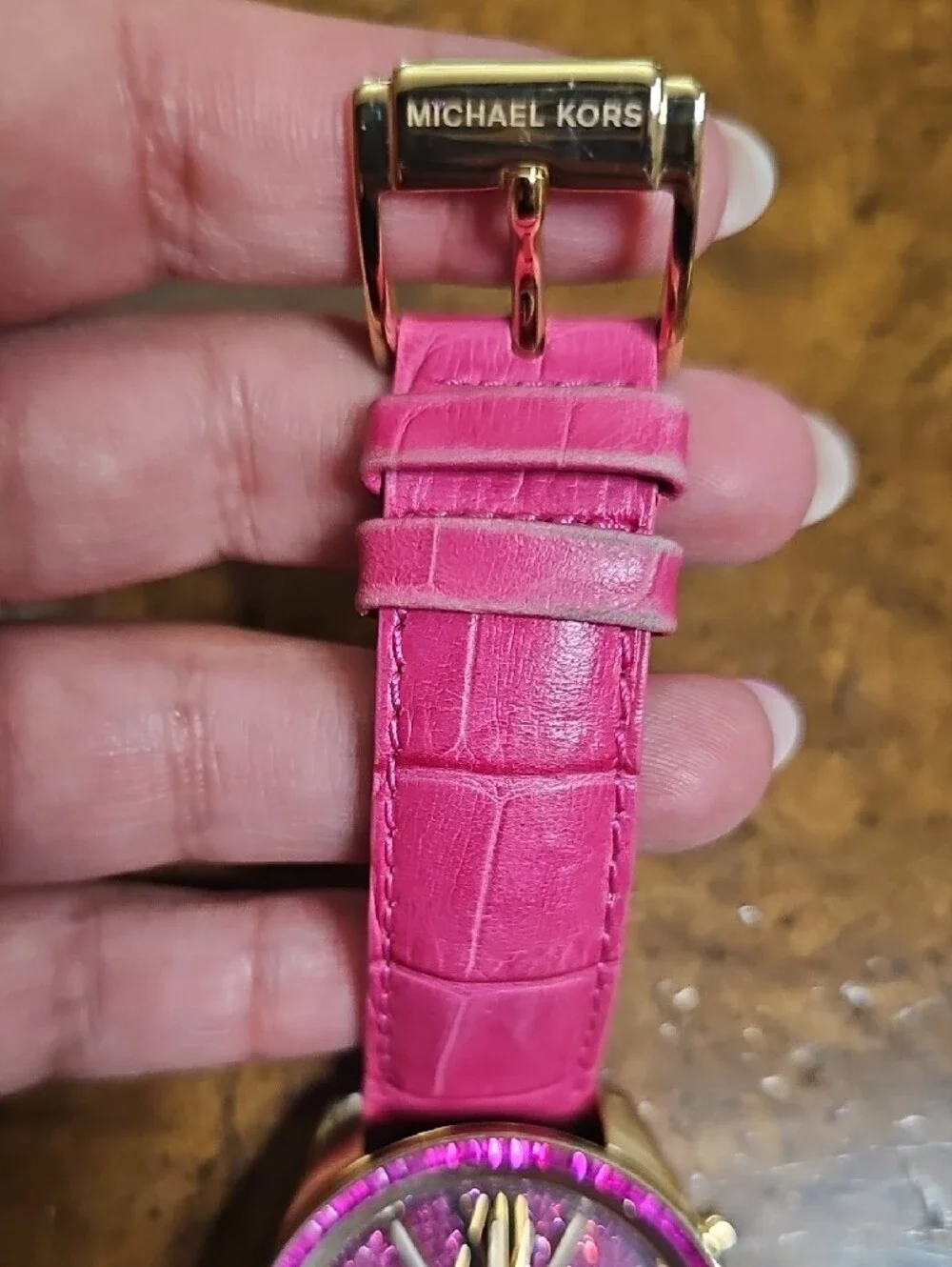 Michael Kors Hot Pink Glitter Chronograph Watch with Gold Accents